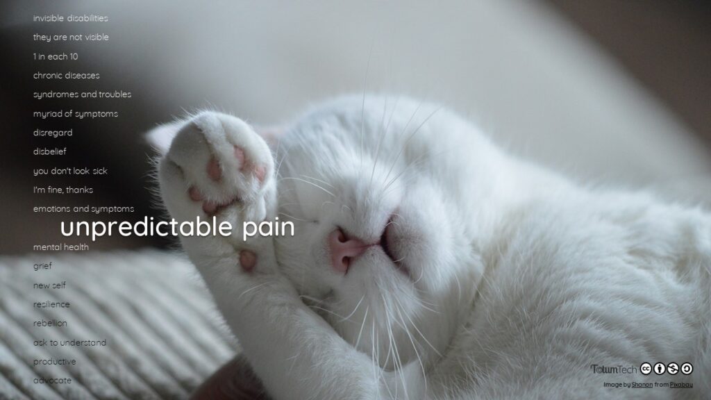 Close up of a cat lying on a bed covering its eyes with its paw, with text Unpredictable pain