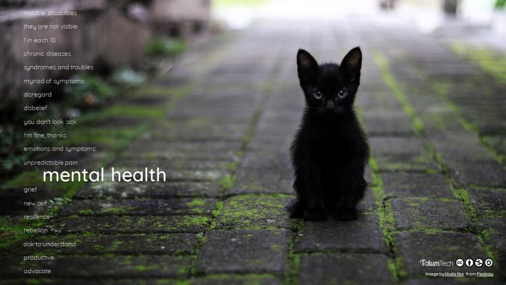 Kitten sitting on a paved way looking to the camera, with text Mental health