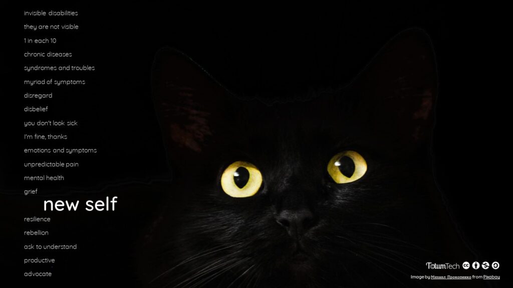 Super close up of a cat over dark background, with text New self