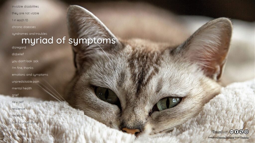 Cat lying on a blanket and staring to the camera, with text Myriad of symptoms