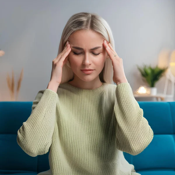 A woman sitting on a couch, looking contemplative with her hands resting on her head.