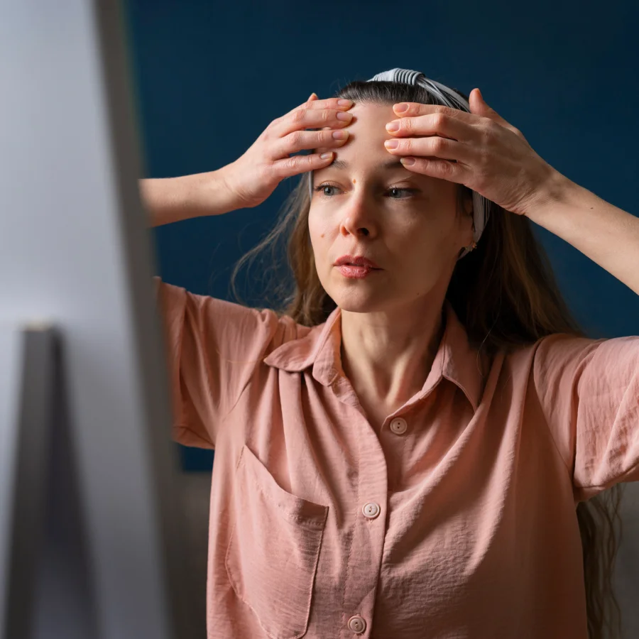 Une femme se tient devant un miroir, tenant sa tête, visiblement affectée par la maladie de Raynaud.